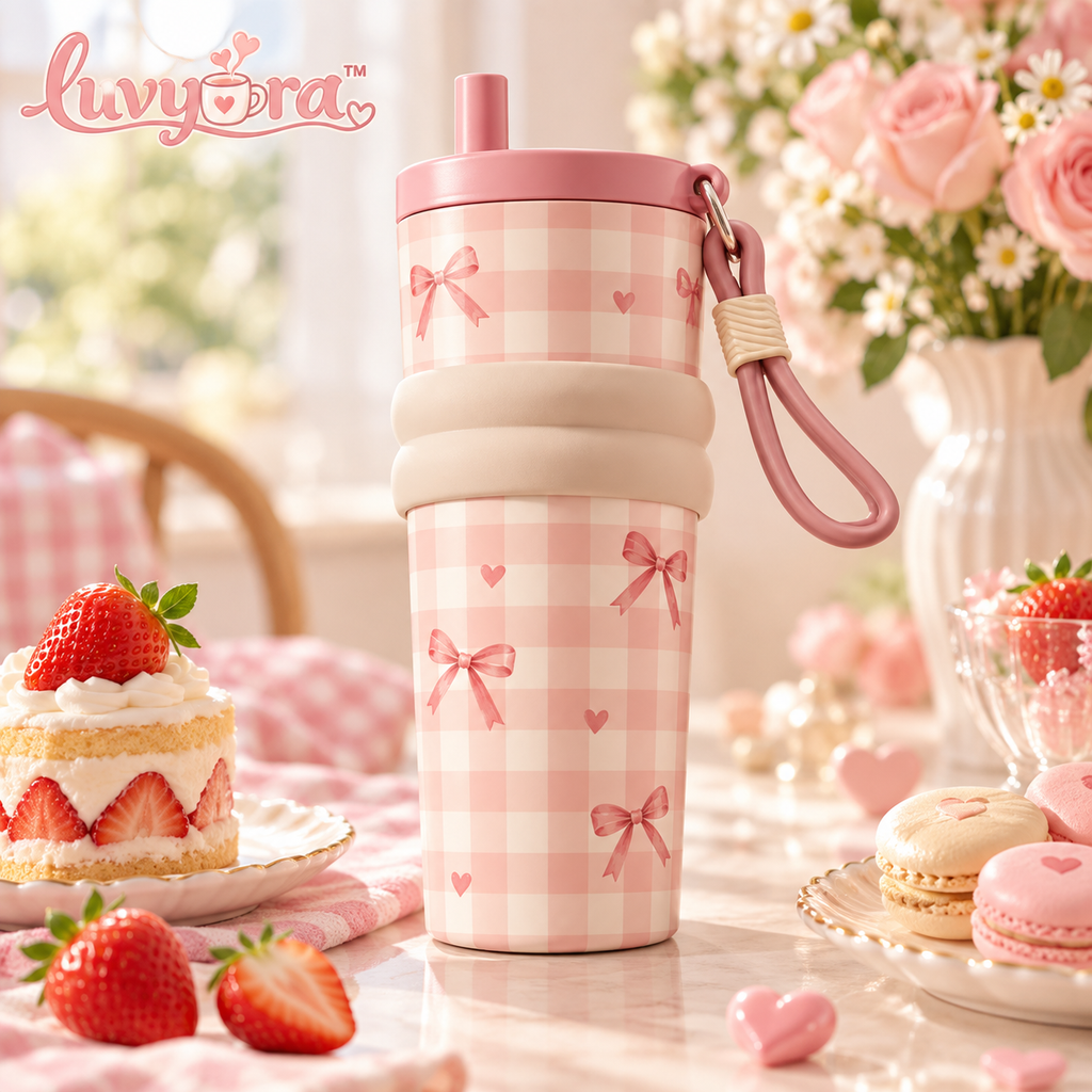 Luvyora™ Pink Gingham Bow Travel Tumbler