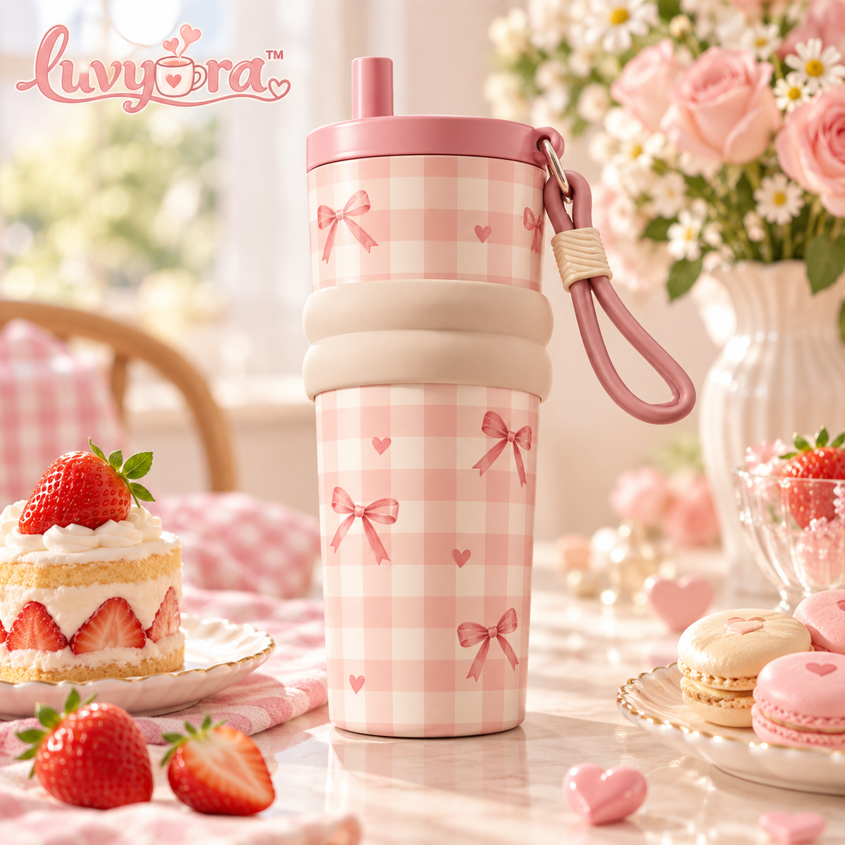 Luvyora™ Pink Gingham Bow Travel Tumbler