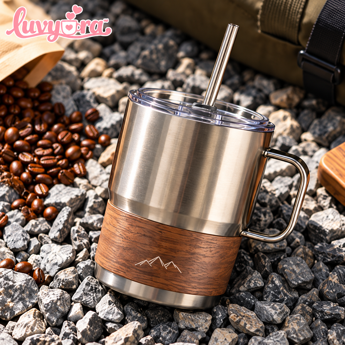 Luvyora™ Timber Steel Insulated Camping Mug with Straw