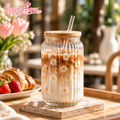 Luvyora™ Daisy Ribbed Glass Iced Coffee Cup with Bamboo Lid & Straw