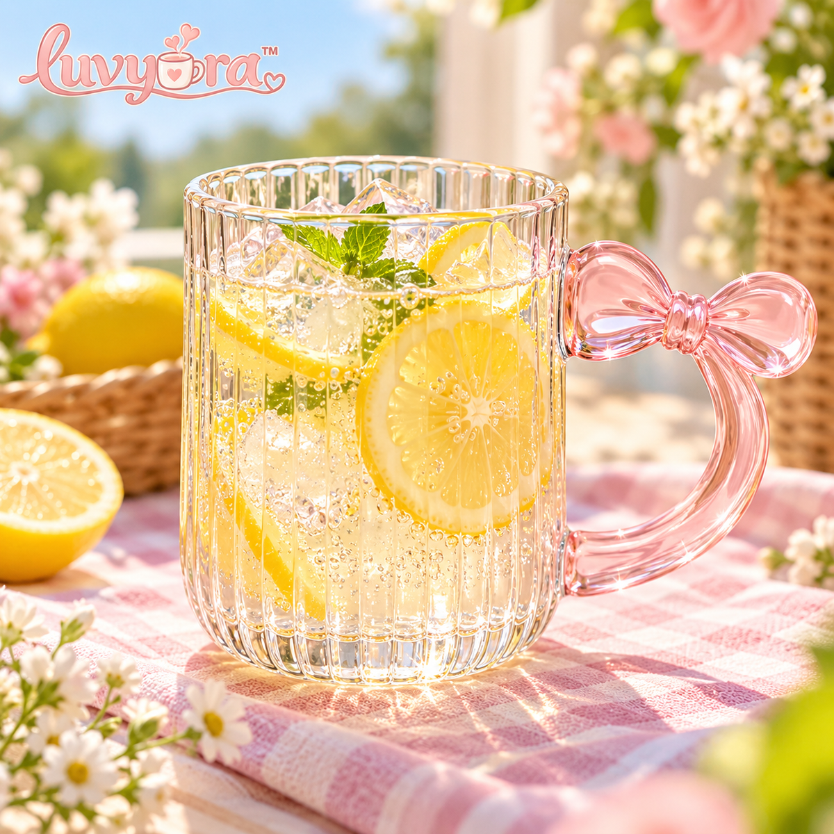 Luvyora™ Pink Bow Handle Ribbed Glass Mug