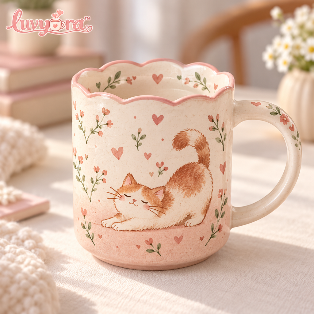 Luvyora™ Blush Kitty Scalloped Ceramic Mug