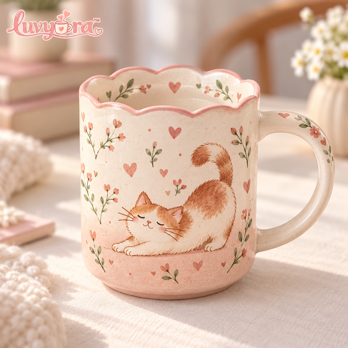 Luvyora™ Blush Kitty Scalloped Ceramic Mug