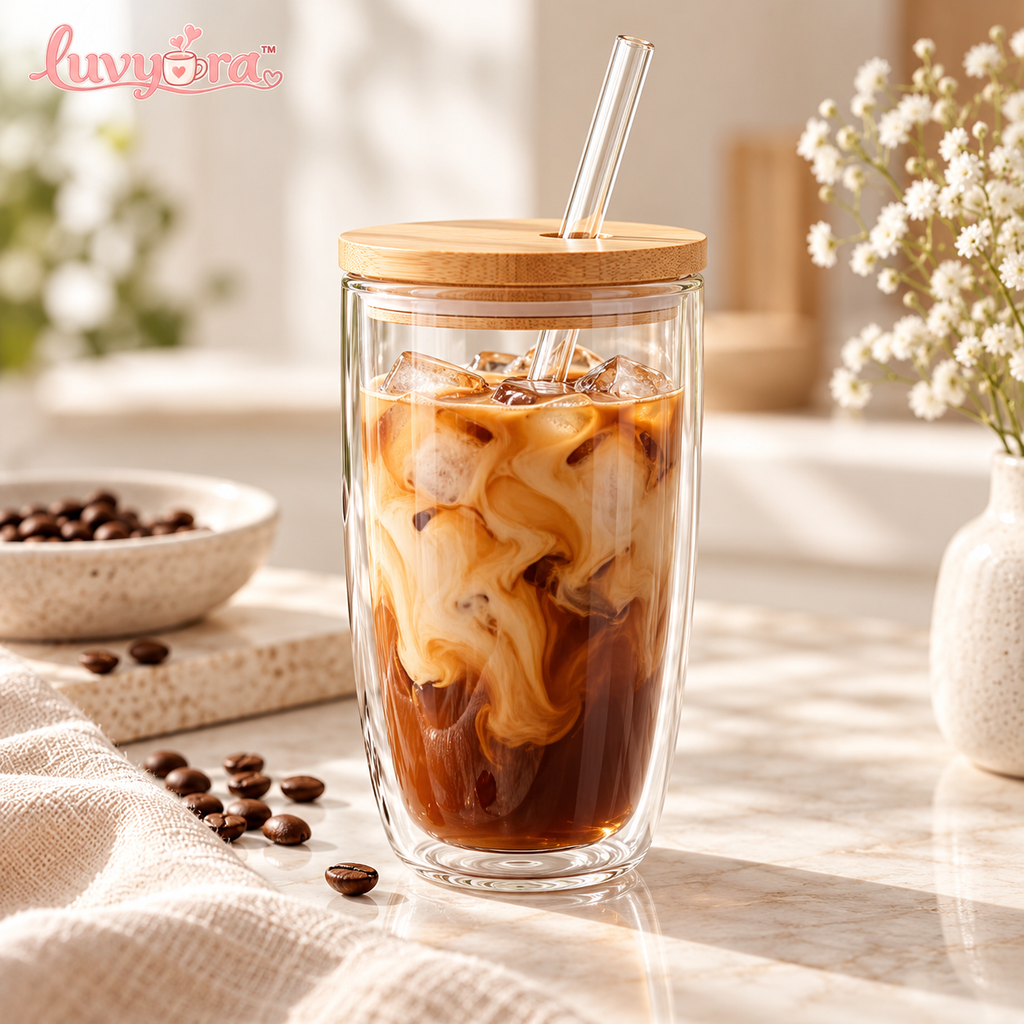 Luvyora™ Clear Double-Wall Iced Coffee Tumbler with Bamboo Lid & Straw