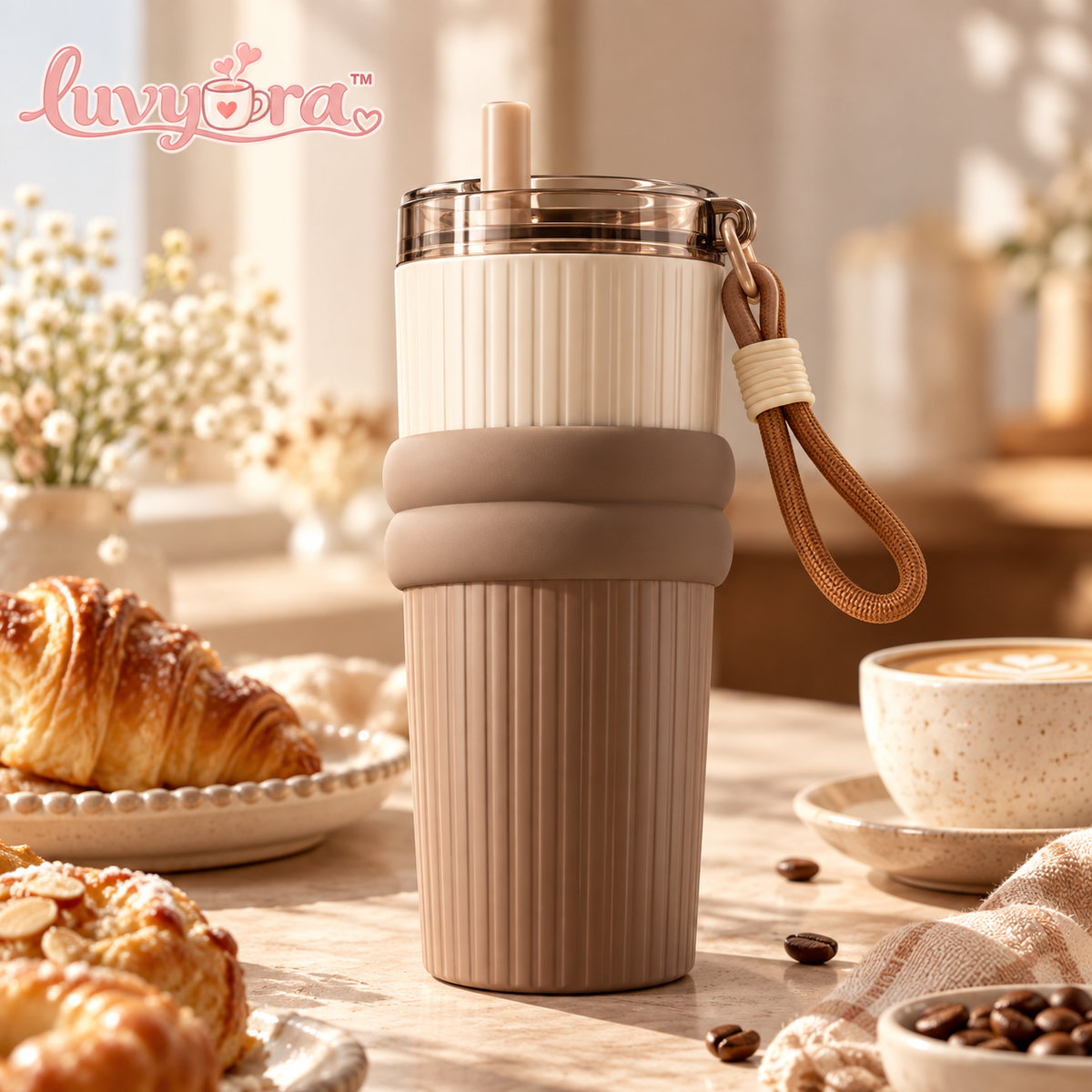 Luvyora™ Latte Ribbed Travel Tumbler