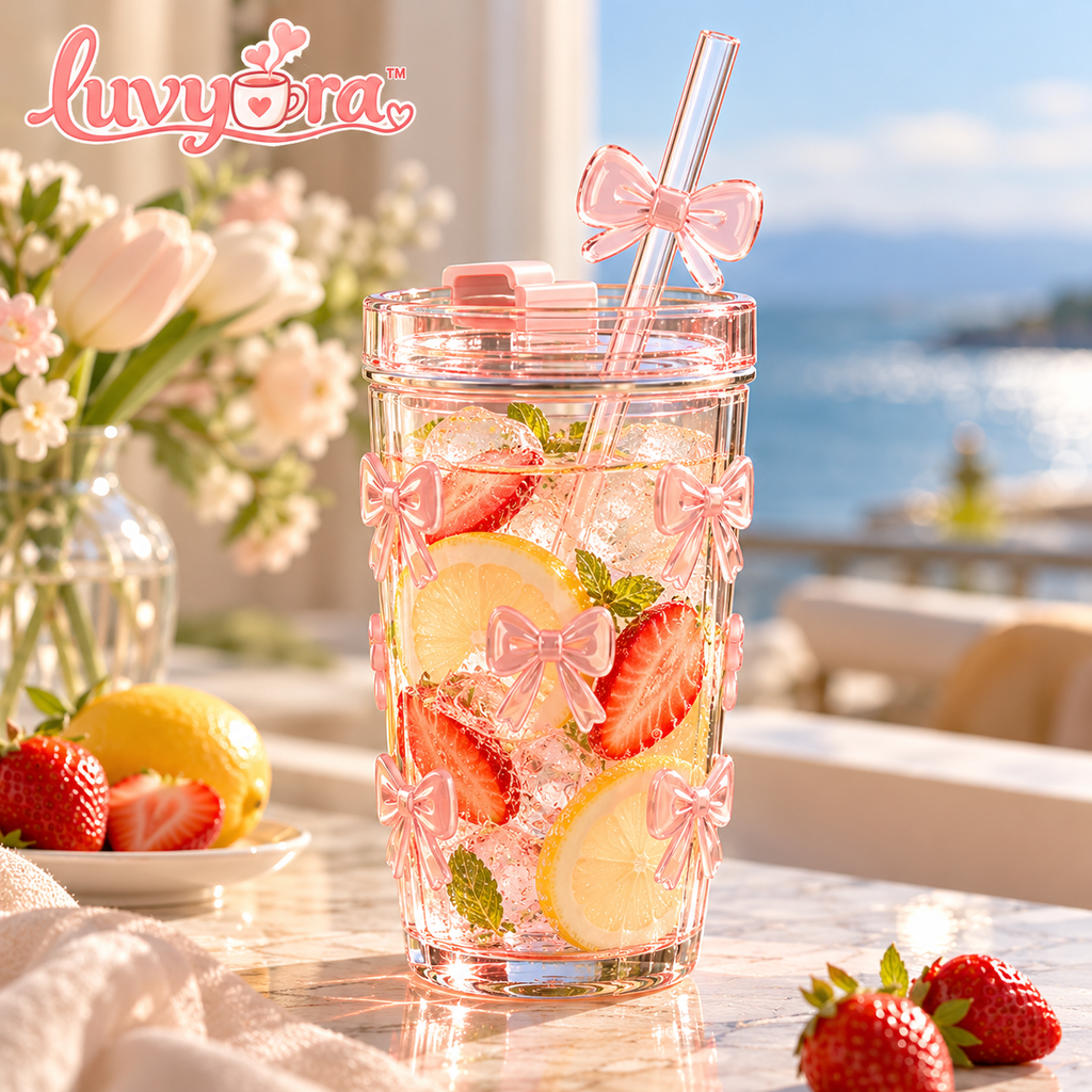 Luvyora™ Pink Bow Tumbler with Lid & Straw