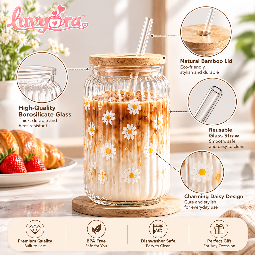 Luvyora™ Daisy Ribbed Glass Iced Coffee Cup with Bamboo Lid & Straw