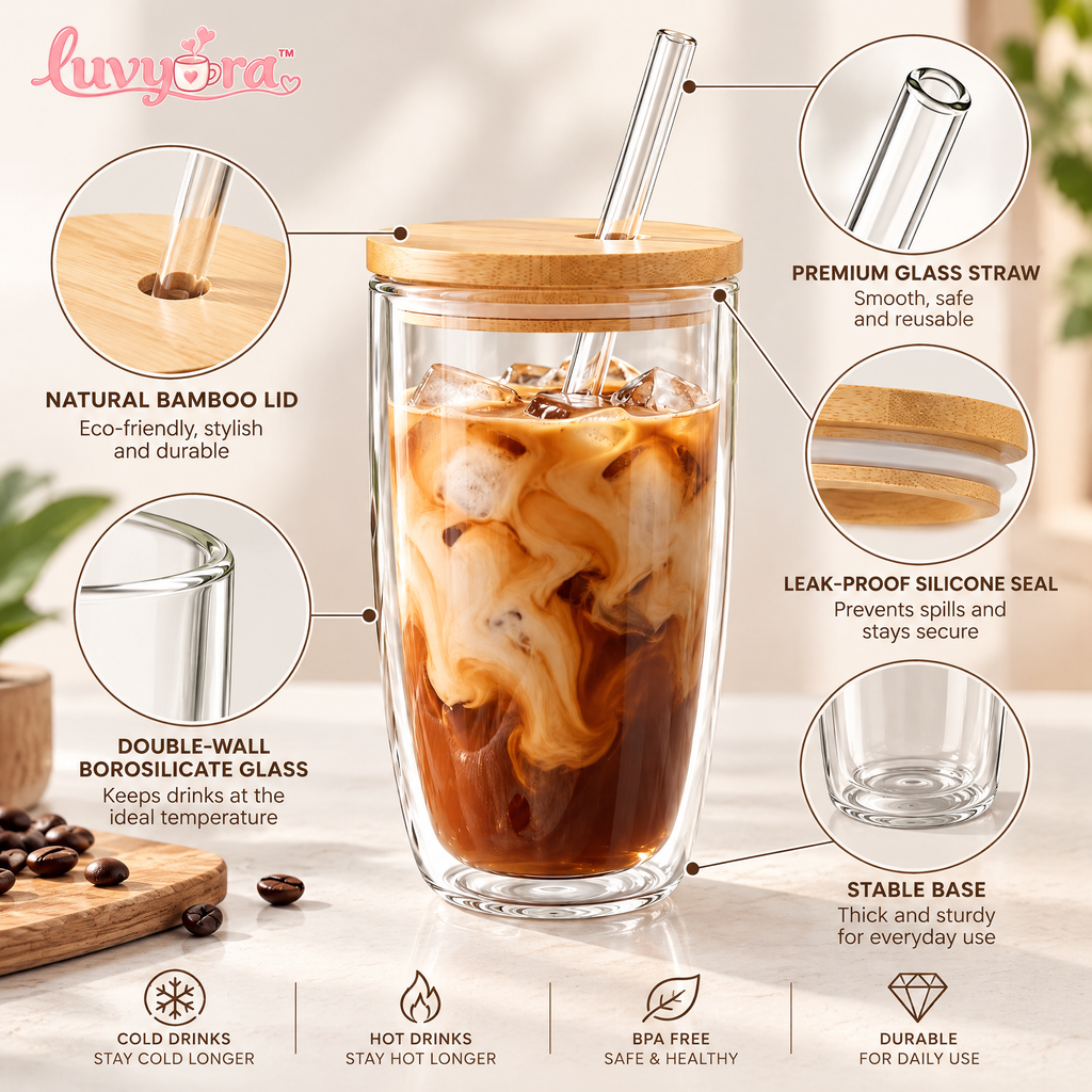 Luvyora™ Clear Double-Wall Iced Coffee Tumbler with Bamboo Lid & Straw