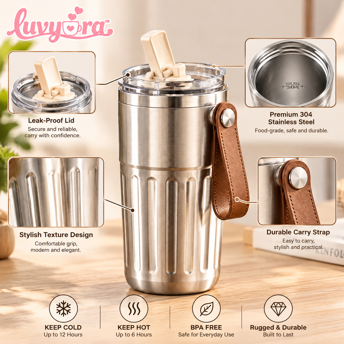 Luvyora™ Brushed Steel Outdoor Travel Tumbler