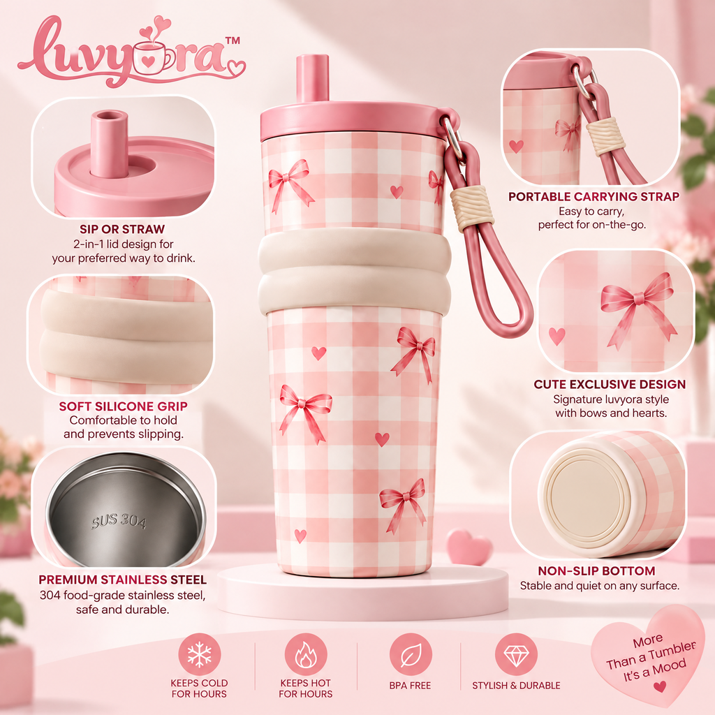 Luvyora™ Pink Gingham Bow Travel Tumbler