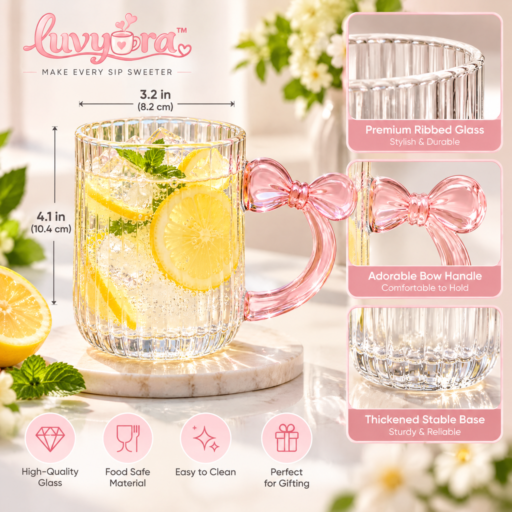 Luvyora™ Pink Bow Handle Ribbed Glass Mug