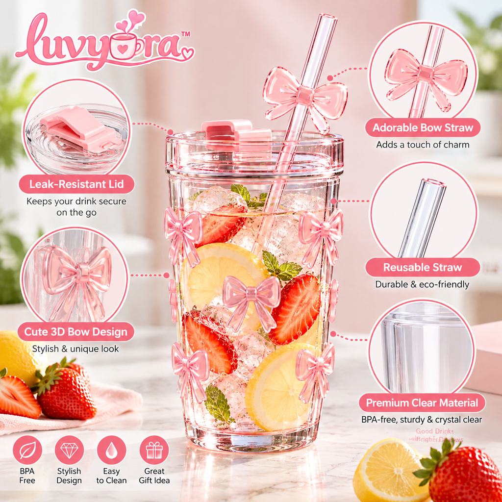 Luvyora™ Pink Bow Tumbler with Lid & Straw