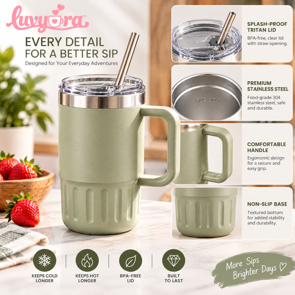 Luvyora™ Sage Handle Insulated Tumbler with Straw