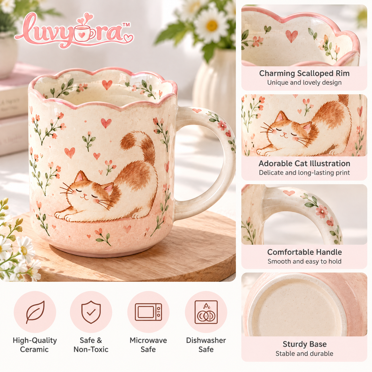 Luvyora™ Blush Kitty Scalloped Ceramic Mug