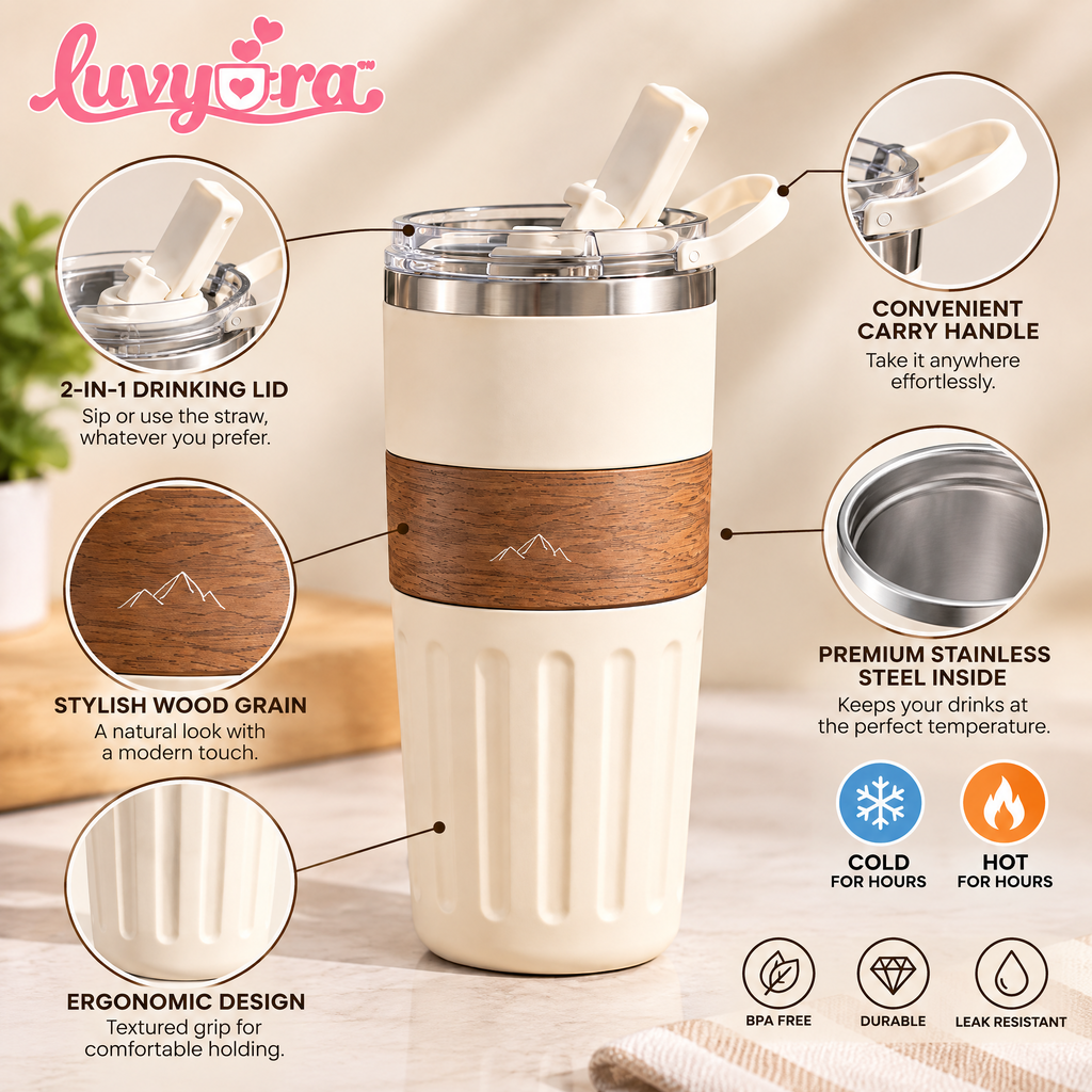 Luvyora™ Alpine Cream Wood-Grain Travel Tumbler