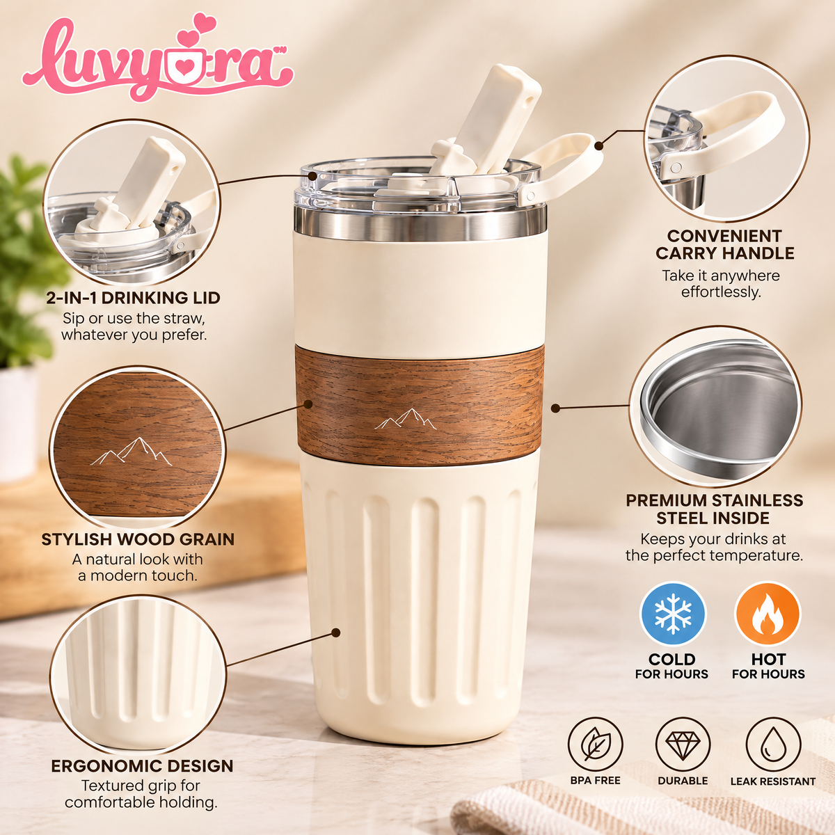 Luvyora™ Alpine Cream Wood-Grain Travel Tumbler