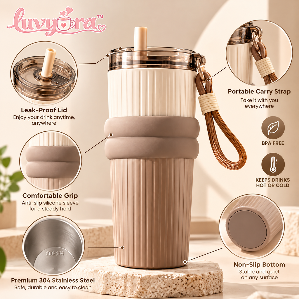 Luvyora™ Latte Ribbed Travel Tumbler