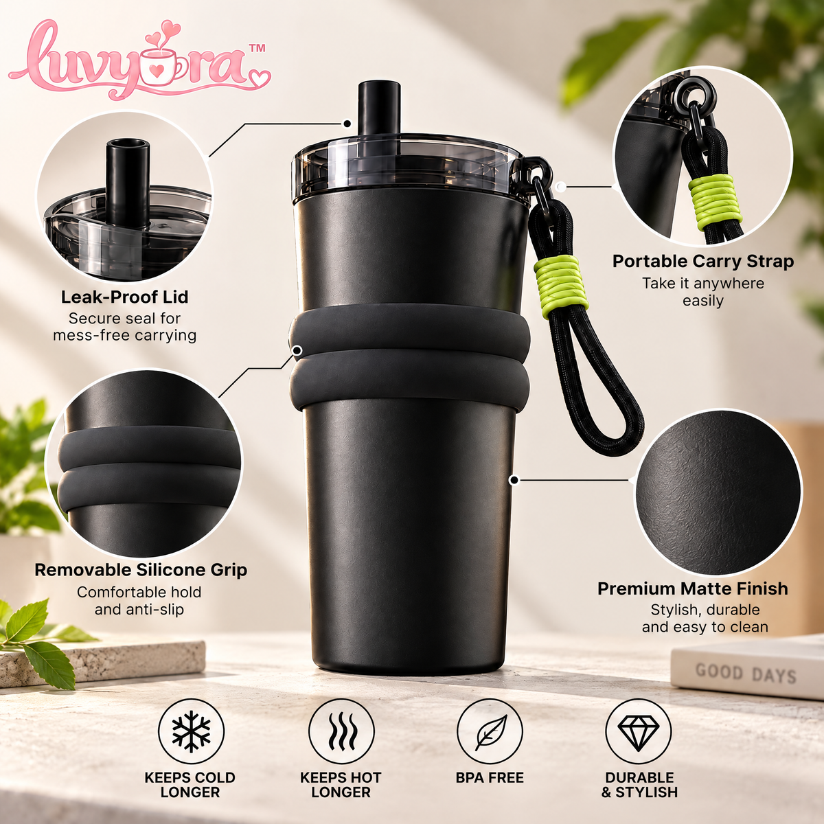 Luvyora™ Onyx Grip Travel Tumbler