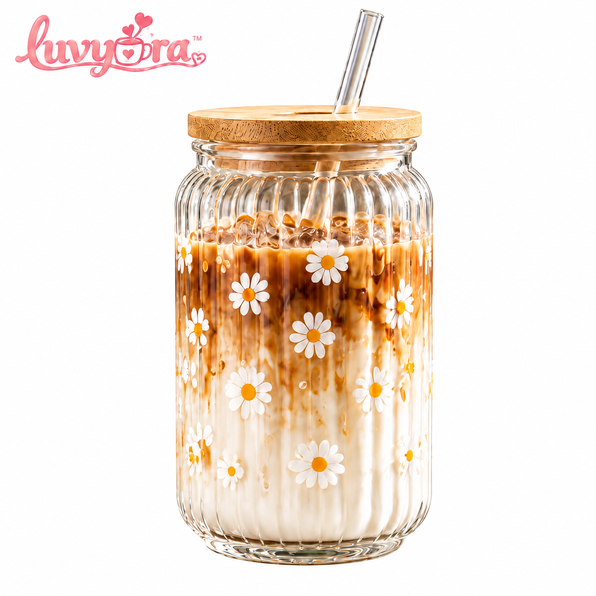 Luvyora™ Daisy Ribbed Glass Iced Coffee Cup with Bamboo Lid & Straw