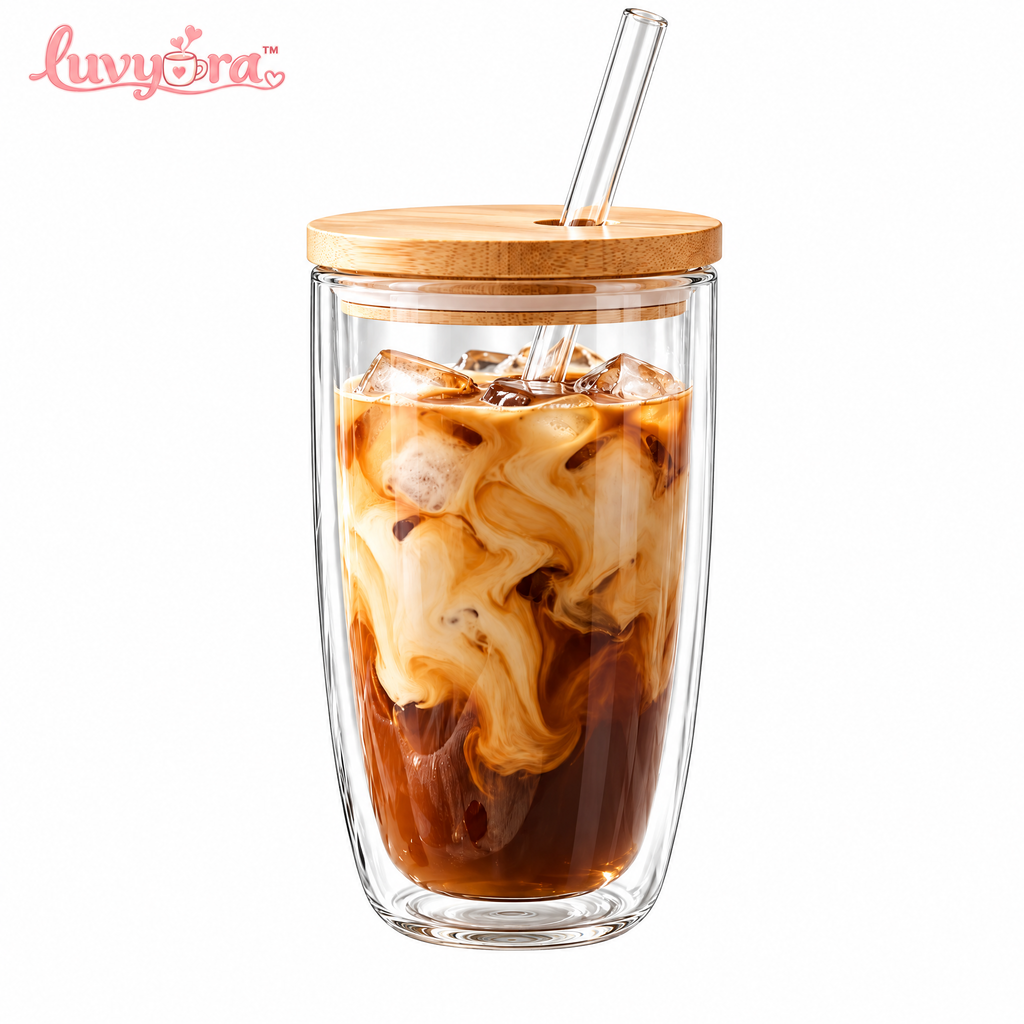 Luvyora™ Clear Double-Wall Iced Coffee Tumbler with Bamboo Lid & Straw