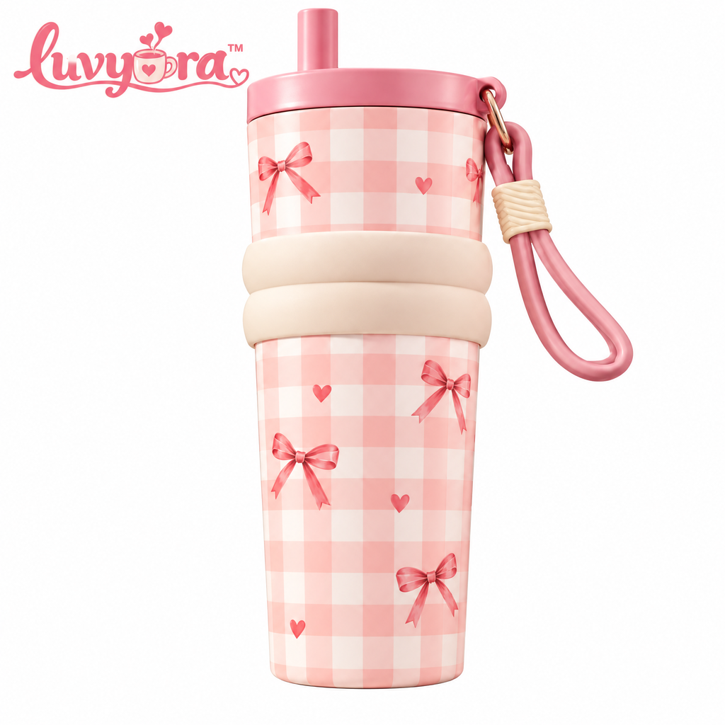 Luvyora™ Pink Gingham Bow Travel Tumbler