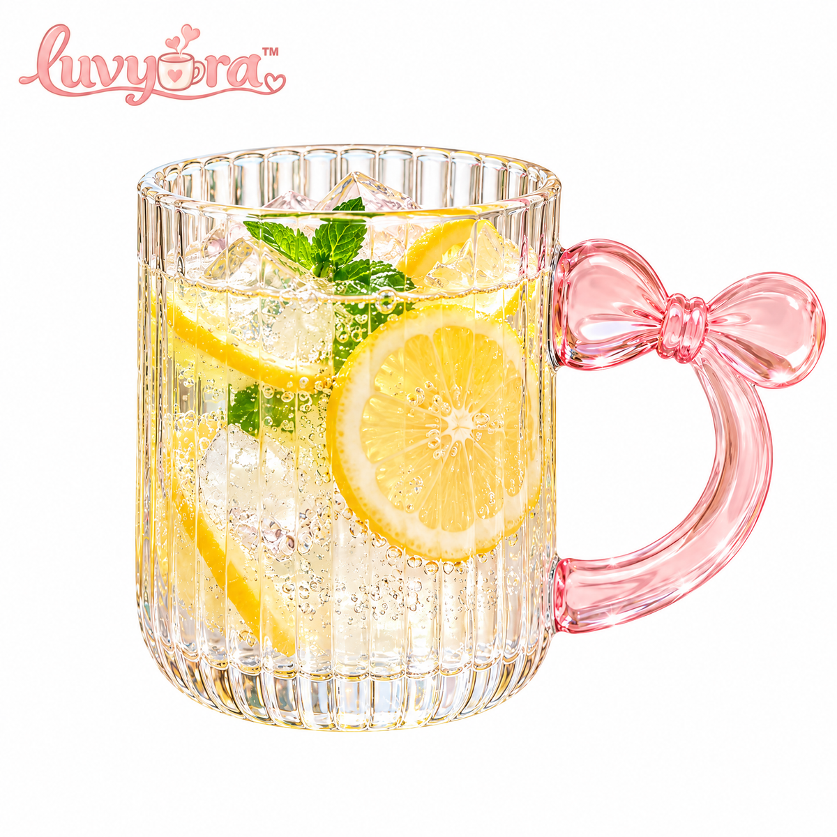 Luvyora™ Pink Bow Handle Ribbed Glass Mug