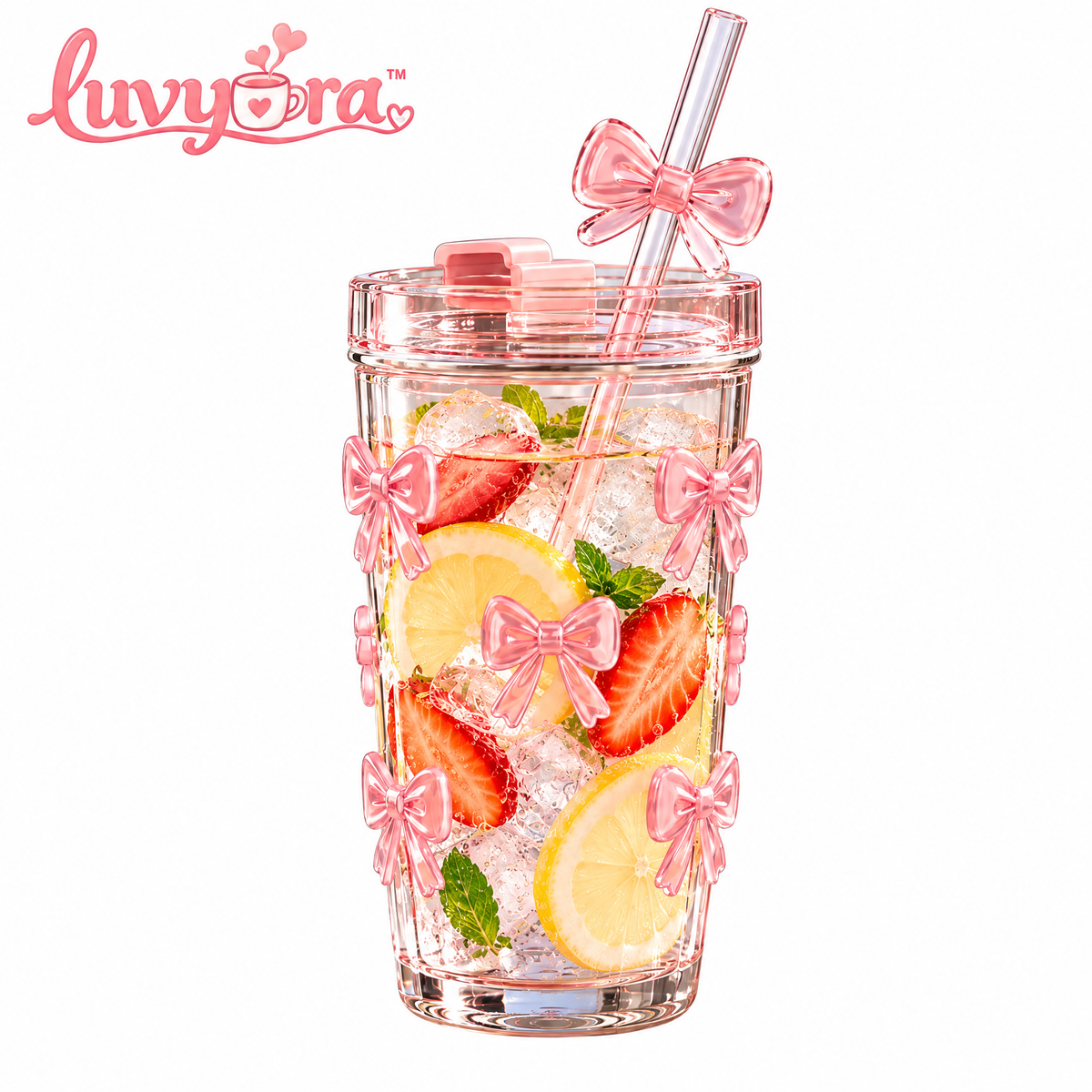Luvyora™ Pink Bow Tumbler with Lid & Straw