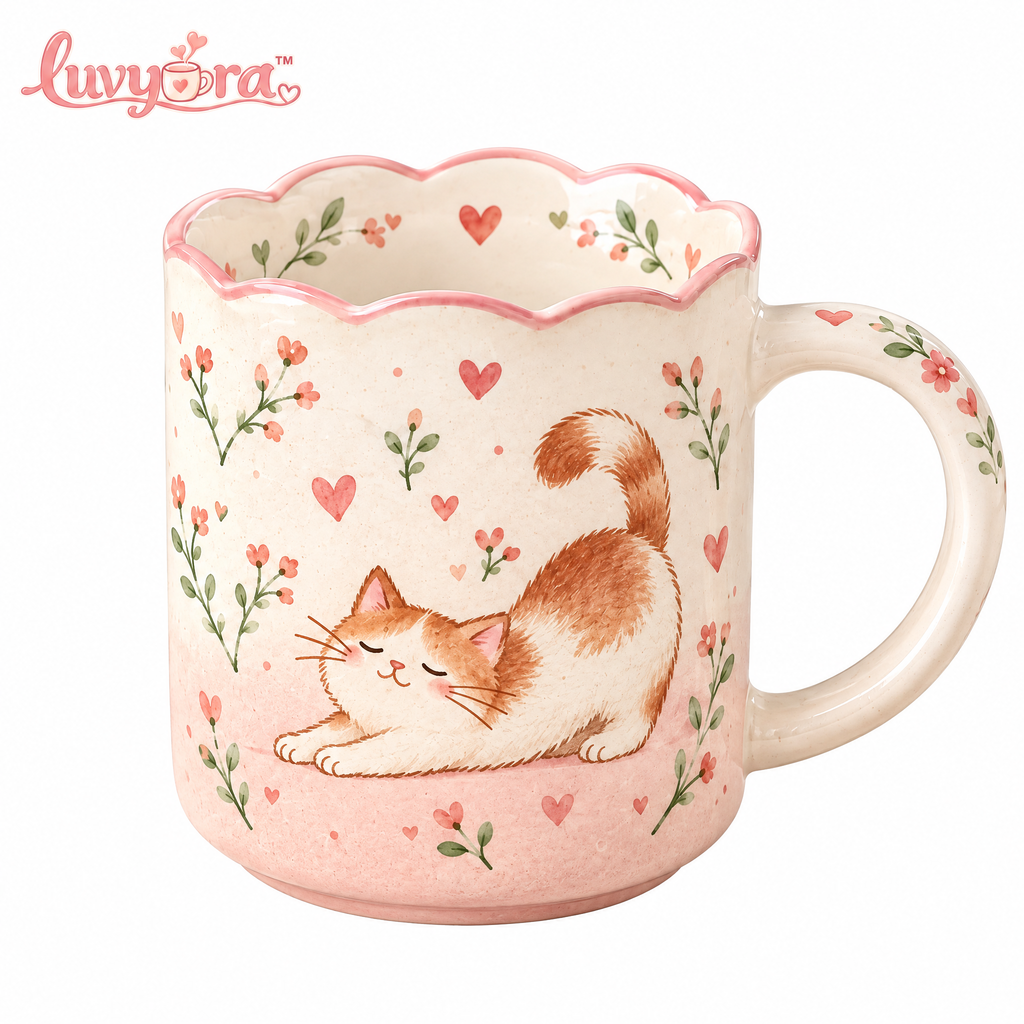Luvyora™ Blush Kitty Scalloped Ceramic Mug