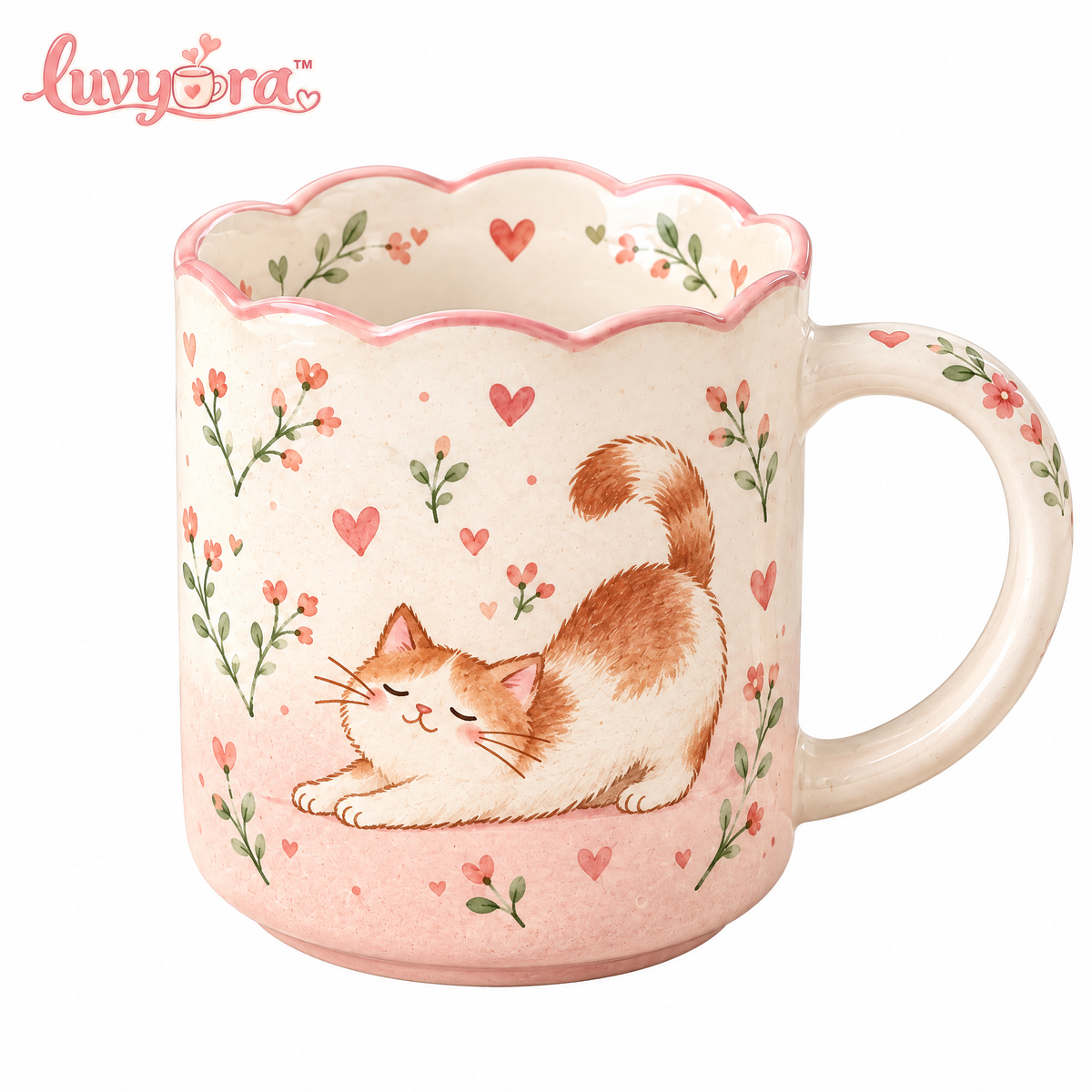 Luvyora™ Blush Kitty Scalloped Ceramic Mug