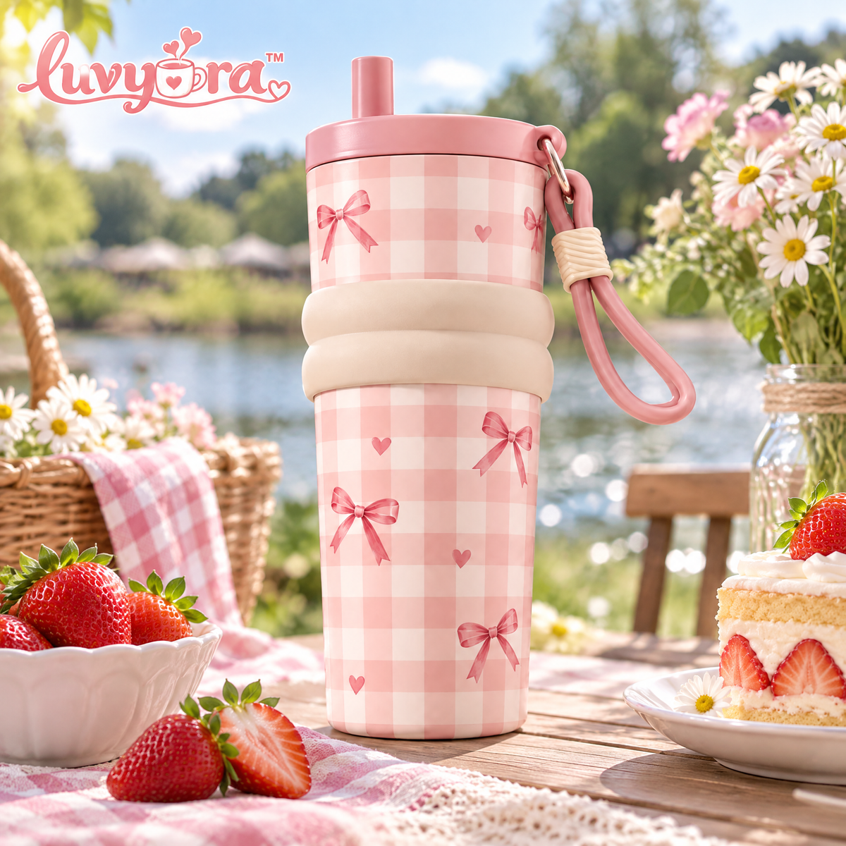 Luvyora™ Pink Gingham Bow Travel Tumbler