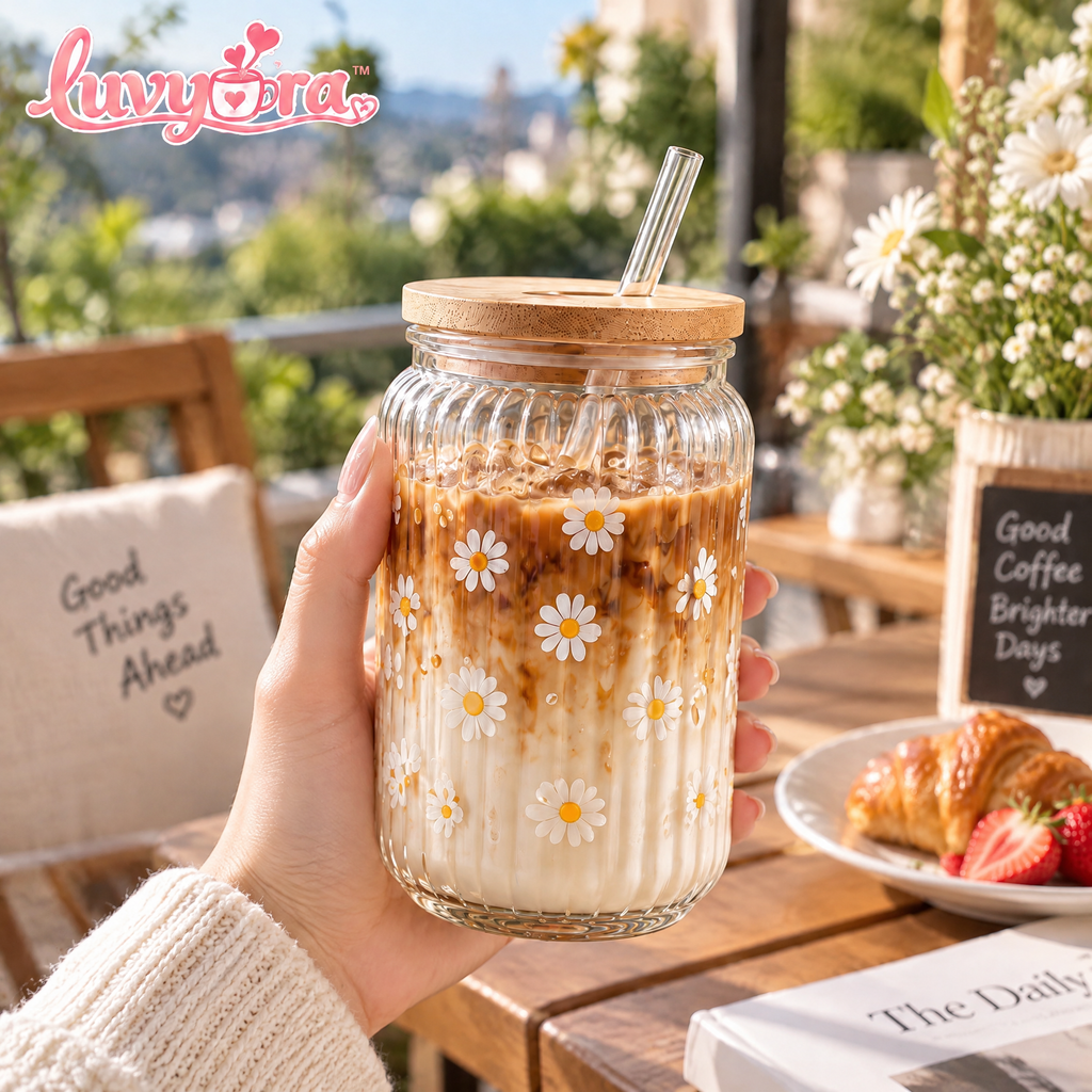 Luvyora™ Daisy Ribbed Glass Iced Coffee Cup with Bamboo Lid & Straw