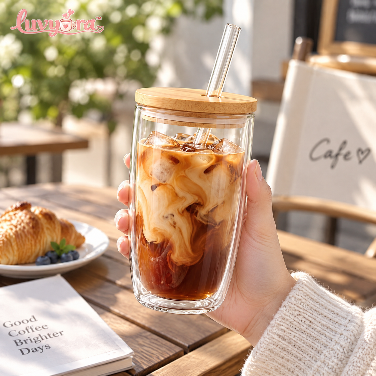 Luvyora™ Clear Double-Wall Iced Coffee Tumbler with Bamboo Lid & Straw