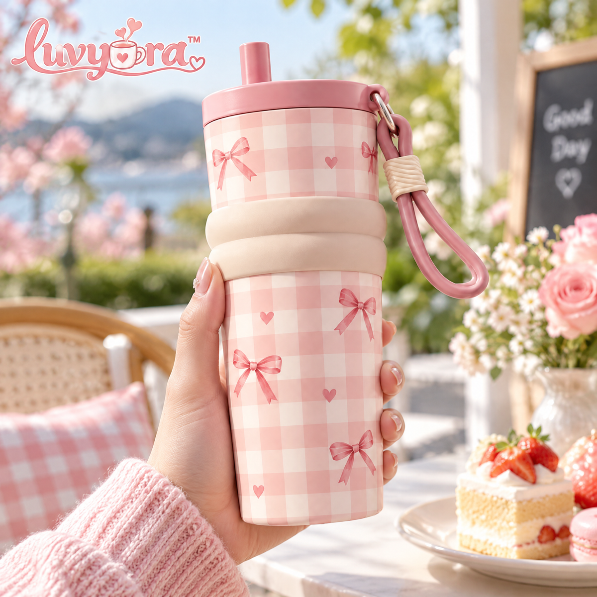 Luvyora™ Pink Gingham Bow Travel Tumbler