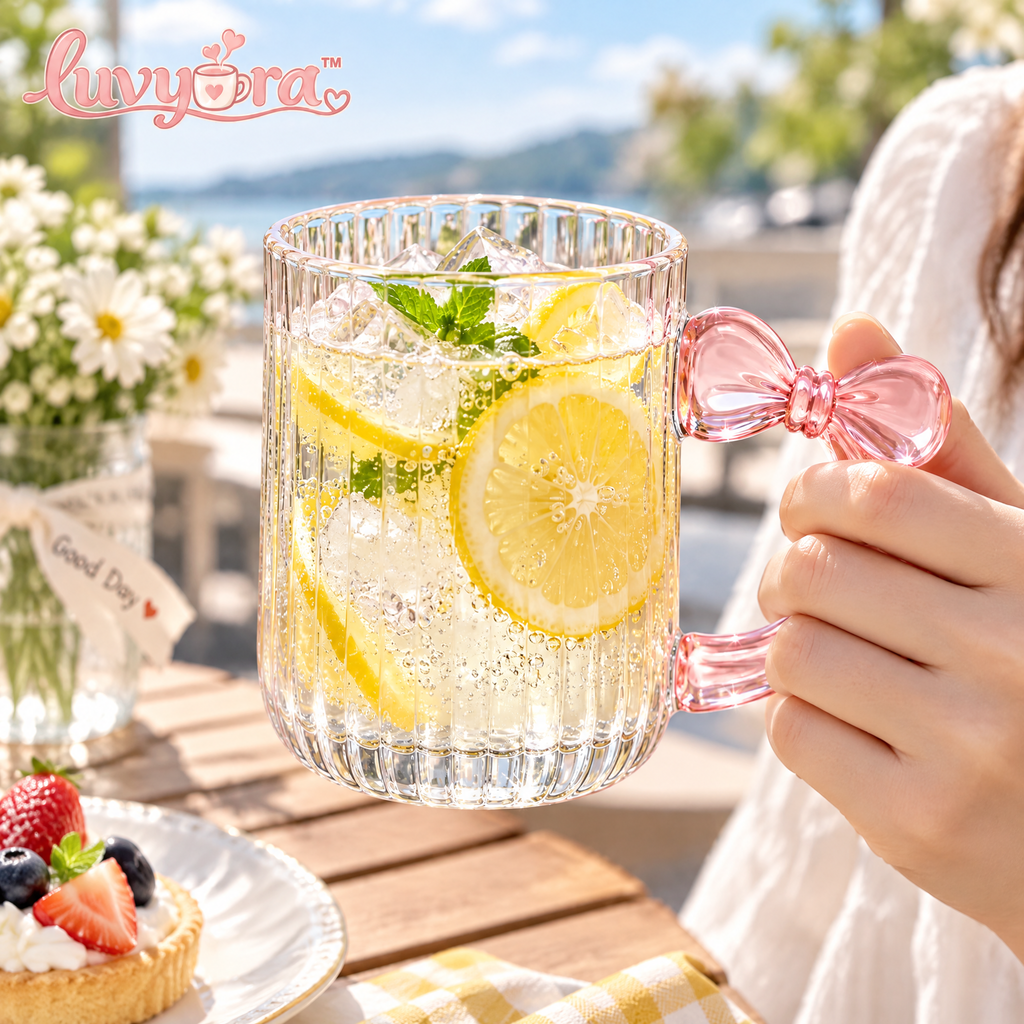 Luvyora™ Pink Bow Handle Ribbed Glass Mug