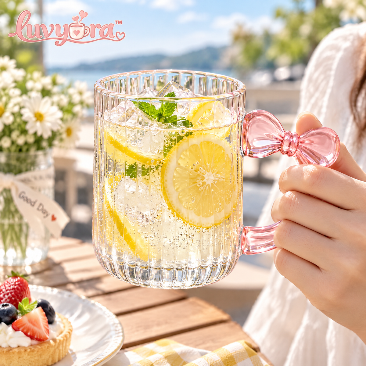Luvyora™ Pink Bow Handle Ribbed Glass Mug