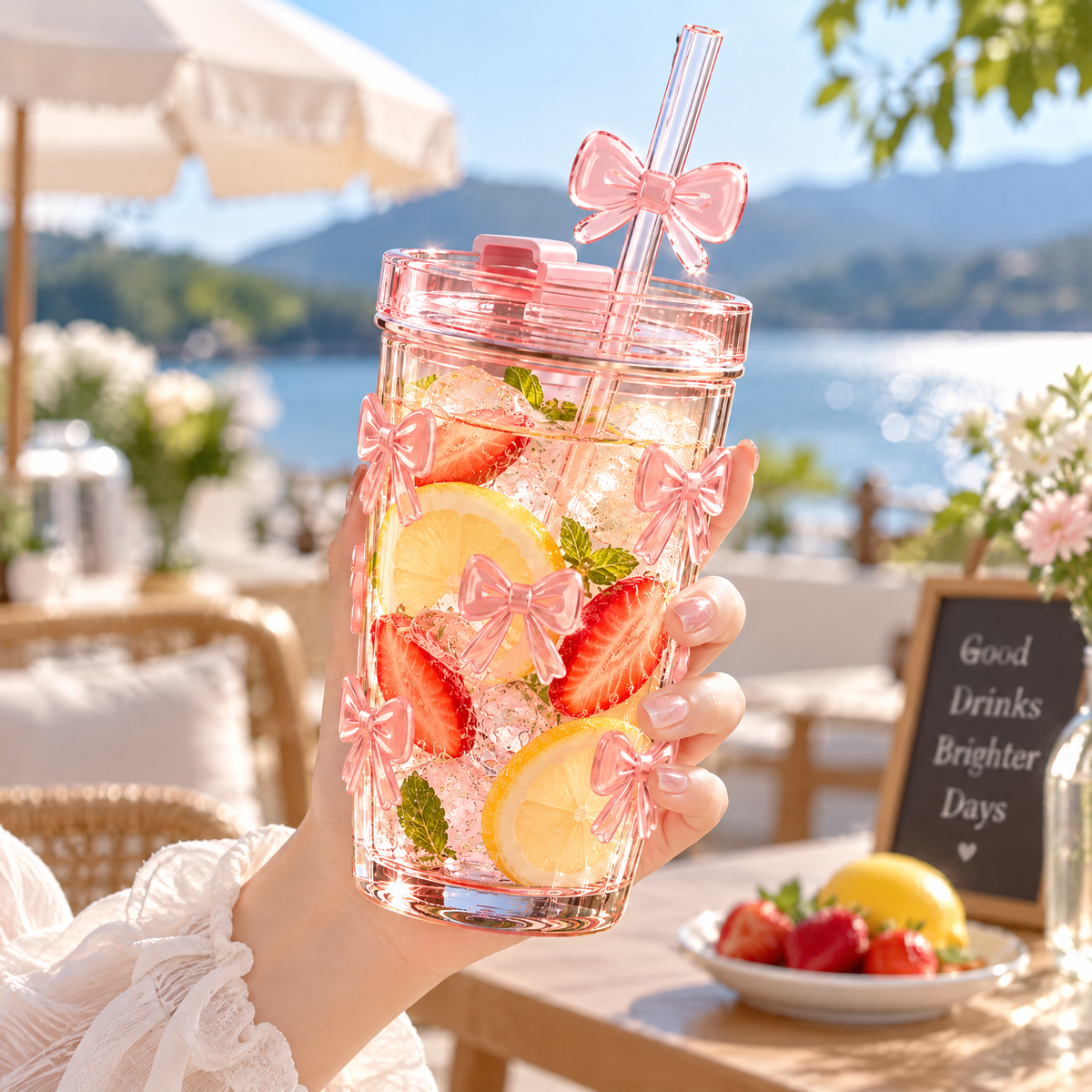 Luvyora™ Pink Bow Tumbler with Lid & Straw