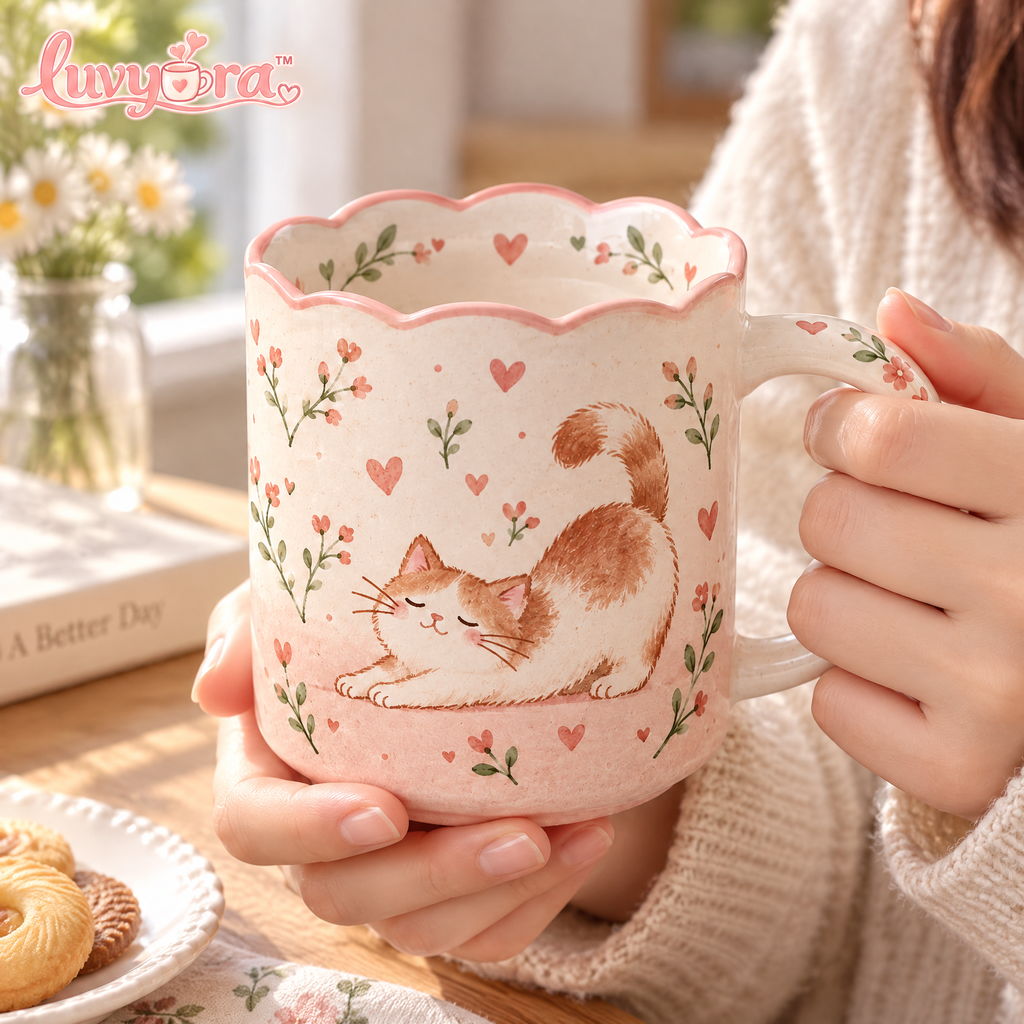 Luvyora™ Blush Kitty Scalloped Ceramic Mug