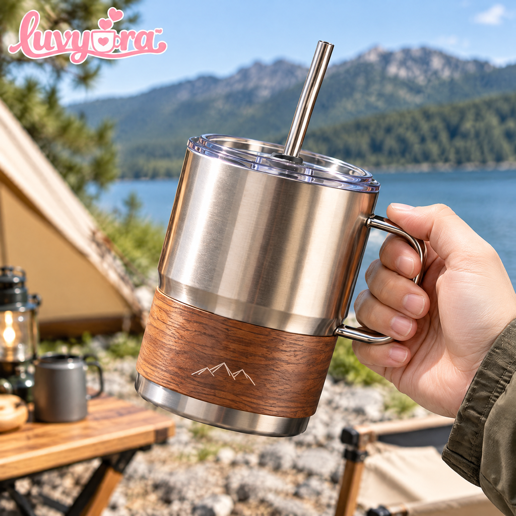 Luvyora™ Timber Steel Insulated Camping Mug with Straw
