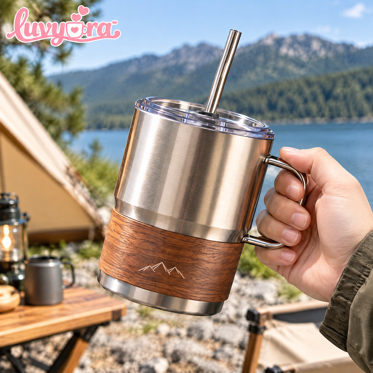 Luvyora™ Timber Steel Insulated Camping Mug with Straw
