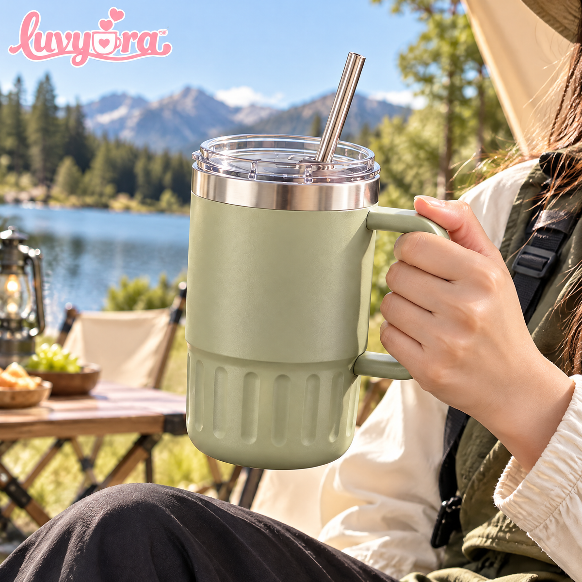 Luvyora™ Sage Handle Insulated Tumbler with Straw