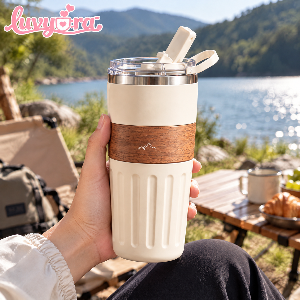 Luvyora™ Alpine Cream Wood-Grain Travel Tumbler