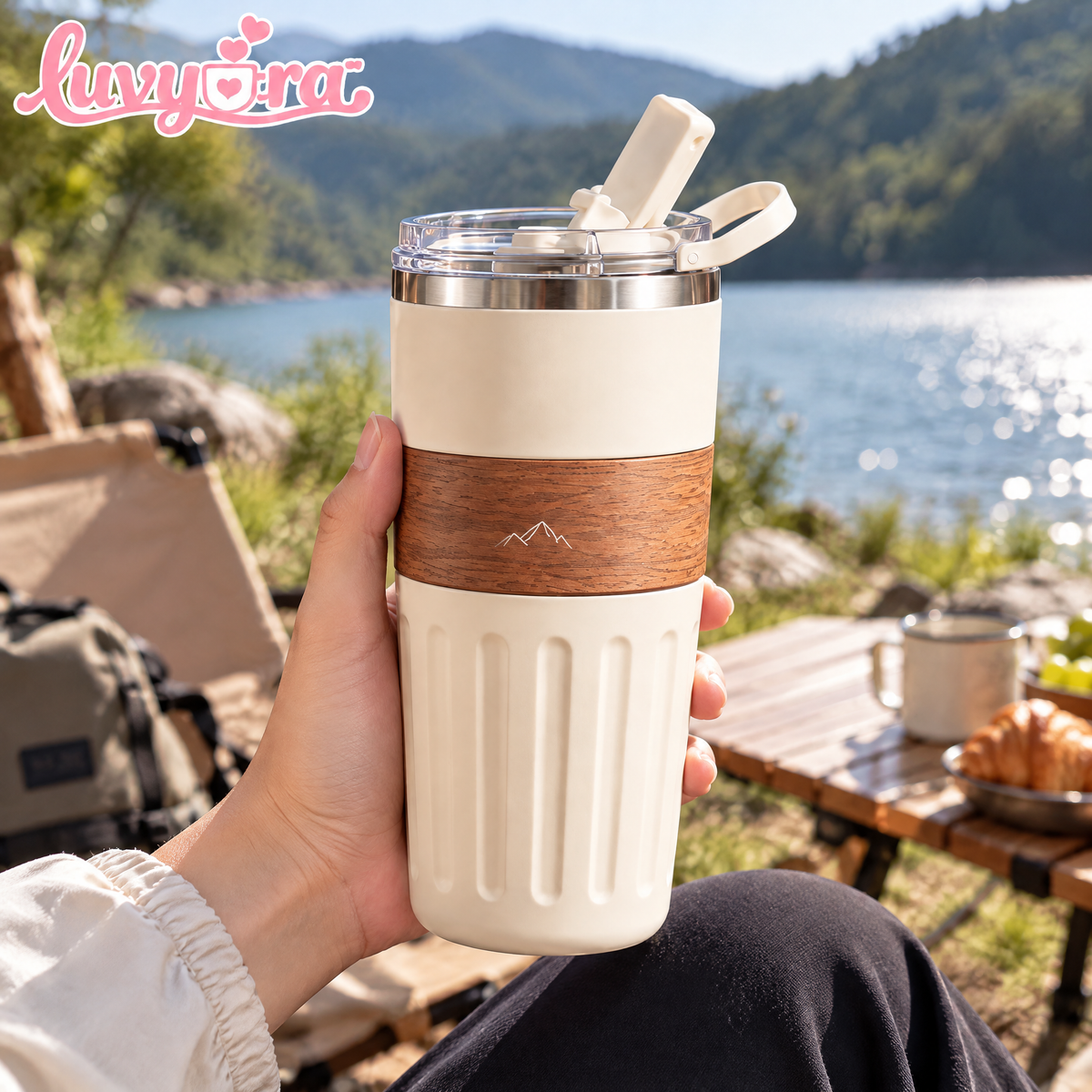 Luvyora™ Alpine Cream Wood-Grain Travel Tumbler