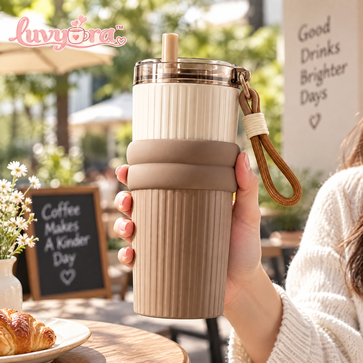 Luvyora™ Latte Ribbed Travel Tumbler