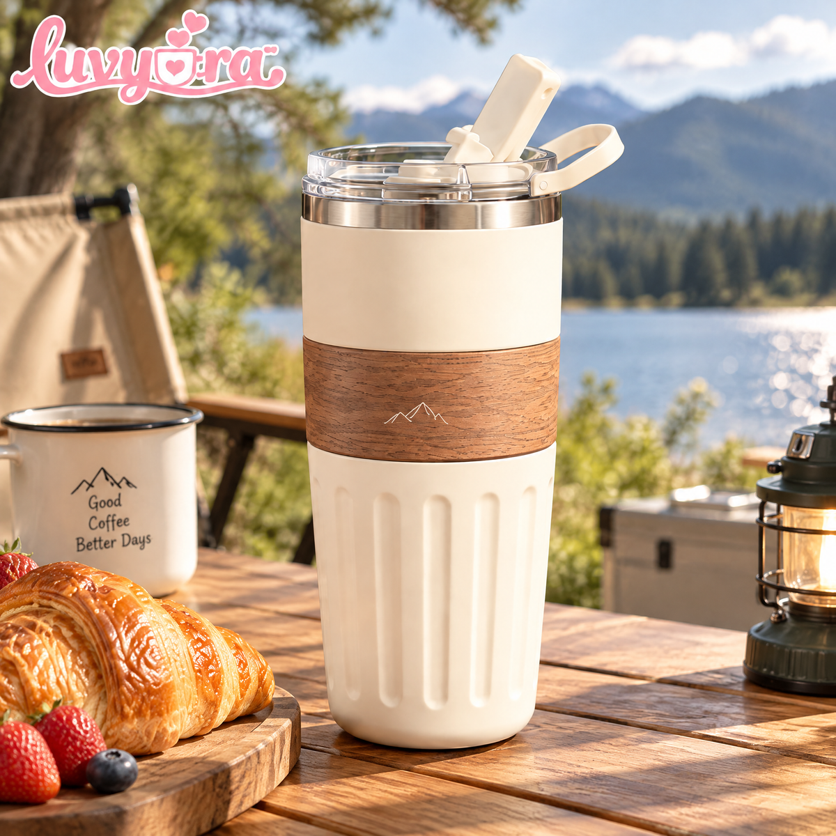 Luvyora™ Alpine Cream Wood-Grain Travel Tumbler